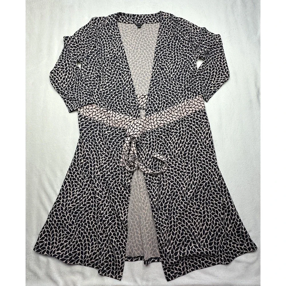 Ann Taylor Duster Womens 8 Blue Leaf Print Wrap Belted 3/4 Sleeve Jersey